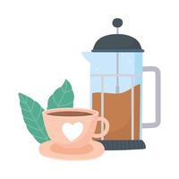 coffee brewing methods, french press cup on dish and leaves vector