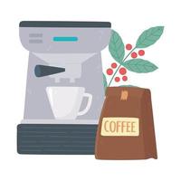 día internacional del café, paquete de máquina taza y rama con semillas. vector