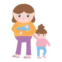 pregnancy and maternity, cute mom with baby and daughter cartoon vector