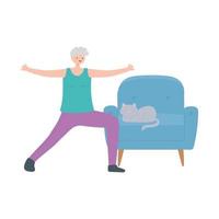 activity seniors, grandma stretching in living room with cat in the sofa vector