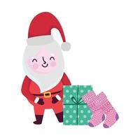 feliz navidad, lindo santa calcetín y cajas de regalo, diseño aislado vector