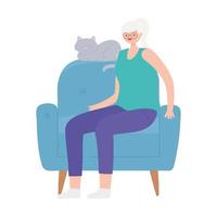 Actividad personas mayores, anciana sentada en una silla con su gato vector