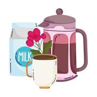 coffee brewing methods, french press cup milk and seeds vector