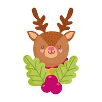 merry christmas, cartoon reindeer with holly berry, isolated design vector
