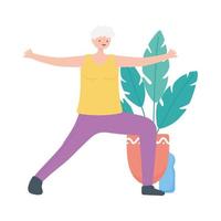 activity seniors, grandma practicing yoga in the room vector