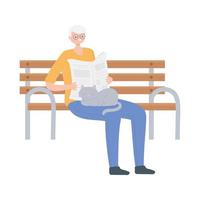 activity seniors, old man reading newspaper in the park bench with cat vector