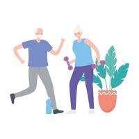 activity seniors, elder woman with dumbbell and old man stretching in the room vector