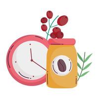 métodos de preparación de café, recipiente con producto de café y hora del reloj vector