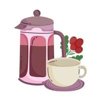 coffee brewing methods, french press and cup on saucer with seeds vector