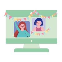 online party, girls in computer video celebrating festive vector