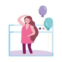 Fiesta online, mujer celebrando con globos en casa por internet vector