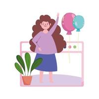 fiesta online, mujer celebrando con globos en casa vector