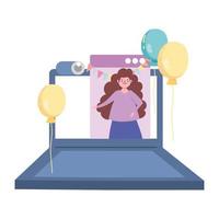 online party, woman celebrating at home by internet with laptop vector