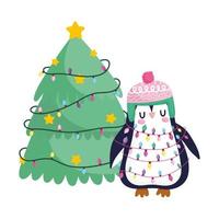 Feliz Navidad, pingüino con luces enredadas y aislamiento de icono de celebración de árbol vector