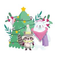 Feliz Navidad, oso mapache con árbol y luces celebración icono aislamiento vector