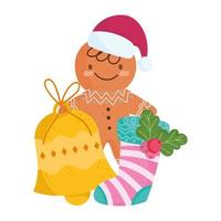 merry christmas, gingerbread man with bell and sock celebration icon isolation vector