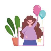 Fiesta en línea, mujer feliz con globos en la celebración de la reunión del sitio web vector