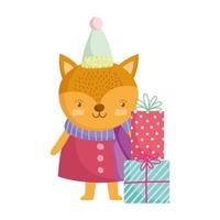 merry christmas, cute fox with gift boxes celebration icon isolation vector