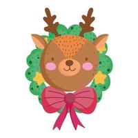 merry christmas, reindeer face in wreath decoration icon isolation vector