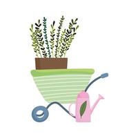 gardening, watering can wheelbarrow with plant nature isolated icon style vector