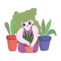 jardín feliz, niña con cabello verde rizado, plantando plantas en maceta vector