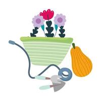 happy garden, flowers in wheelbarrow shovel rake pumpkin vector