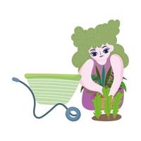 happy garden, girl with wheelbarrow leaves and plant in pot vector