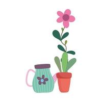 gardening, watering can and flower in pot nature isolated icon style vector