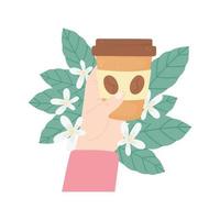 international day of coffee, hand with takeaway cup leaves and flowers card vector