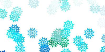 textura de vector azul claro, verde con copos de nieve brillantes.