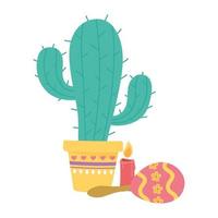 día de muertos, vela de cactus en maceta y celebración mexicana maraca. vector