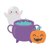 happy halloween pumpkin ghost and cauldron celebration vector