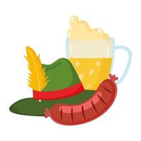 Oktoberfest festival, cerveza de salchicha con espuma y sombrero, celebración tradicional alemana vector