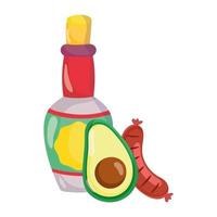 mexican independence day, tequila bottle avocado and sausage, celebrated in september vector