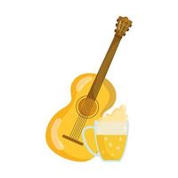 Guitarra y jarra de cerveza fría celebración fondo blanco. vector