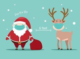 santa claus and reindeer with surgical mask covid-19 social distancing concept vector