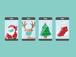 santa claus and reindeer with christmas character on mobile vector