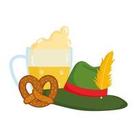 Oktoberfest festival, cerveza con gorro de espuma y pretzel, celebración tradicional alemana vector