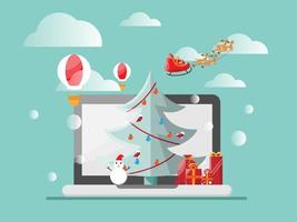 merry christmas and happy new year with laptop christmas tree vector