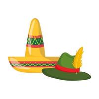 Sombreros de México y Alemania cultura tradicional sobre fondo blanco. vector