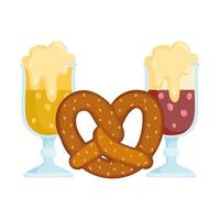 oktoberfest festival, beers with foam and pretzel food, traditional german celebration vector