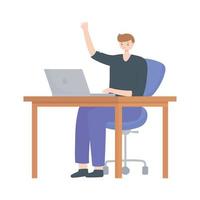 young man using laptop on desk isolated design white background vector