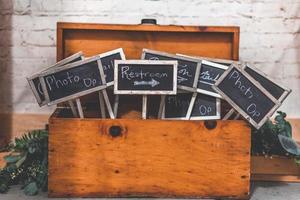 Chalkboard signage in a wooden trunk photo