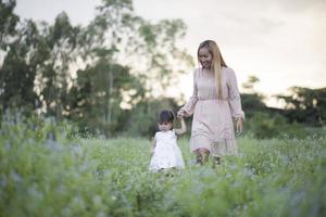 Mother and little daughter playing together in a meadow photo