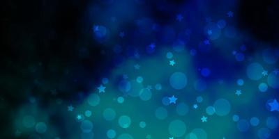 Dark BLUE vector background with circles, stars.