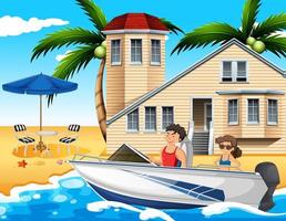 Beach scene with a couple driving a speedboat vector