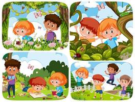 conjunto de niños pequeños en la naturaleza. vector