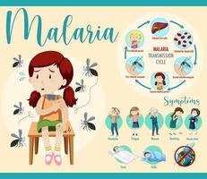 Malaria transmission cycle and symptom information infographic vector