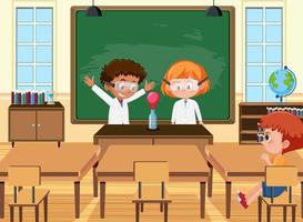 Young student doing science experiment in the classroom scene vector