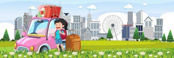 Solo female travelling with urban outdoor scene vector